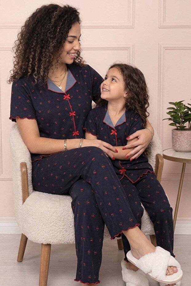 Women's Cherry Patterned Ribbed V-Neck Short Sleeve Under-Long Cool Viscose Camisole Pajama Set