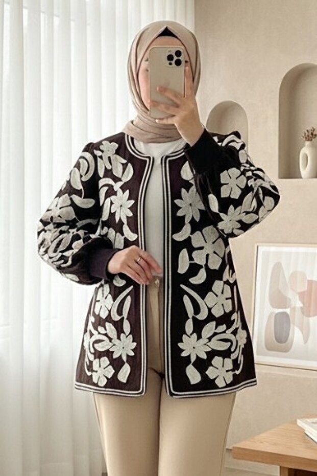 Lined Jacket with Embroidery on the Sleeves and Front -K. Coffee