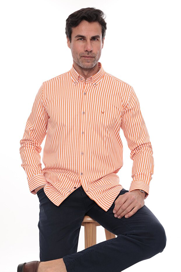 Slim Fit Long Sleeve Lycra Striped Collar Buttoned Gift Boxed Men's Shirt Fs-003669 - Orange