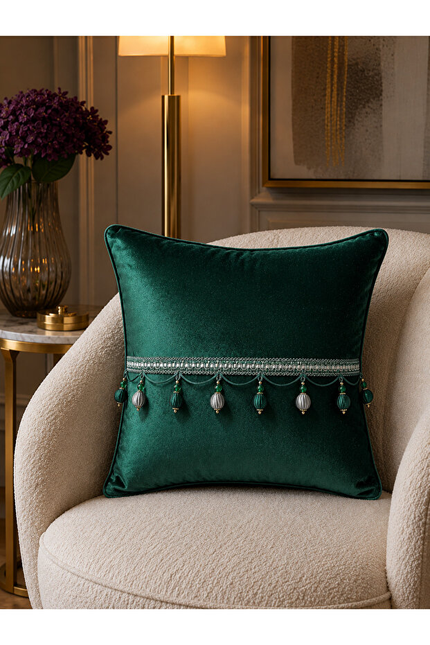Woven Velvet Atlas Emerald Green Beaded Tassel 43X43 Square