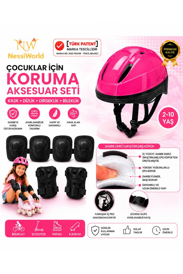 Children's Helmet and Knee Pads, Elbow Pads and Gloves Set Pink