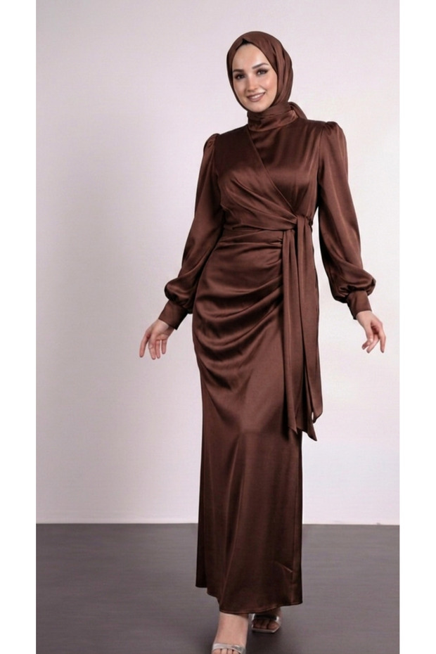 Side Tie Pleat Detailed Satin Evening Dress