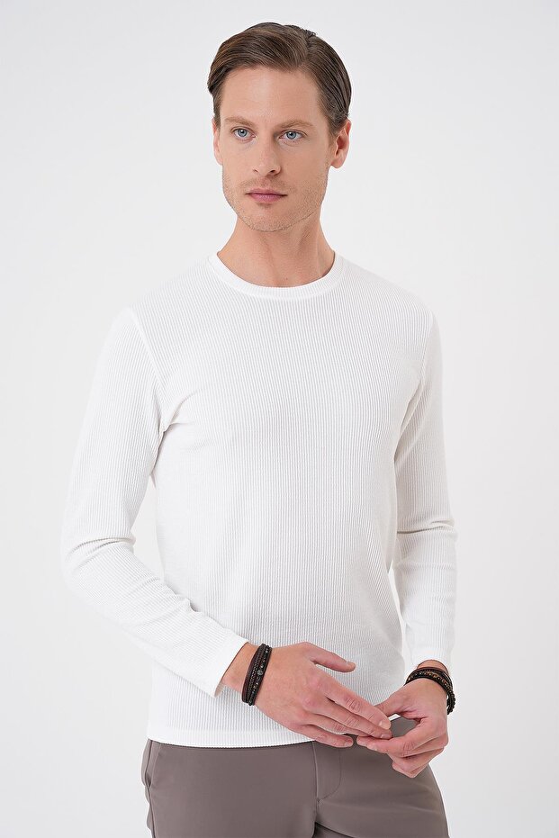 Slim Fit Ribbed Woven Cotton Long Sleeve White T-Shirt Ts 887