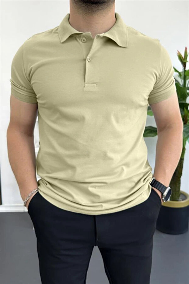Men's Slim Fit Solid Color Cotton Soft Polo T-Shirt Beige Edw365