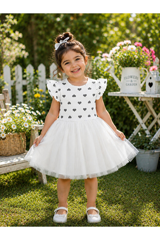 Heart Patterned Tulle Girl's White Summer Dress
