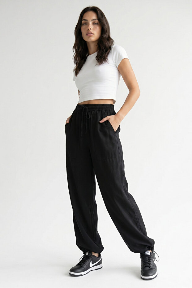 100% Cotton Lace-Up Trousers with Elastic Cuffs and Pockets
