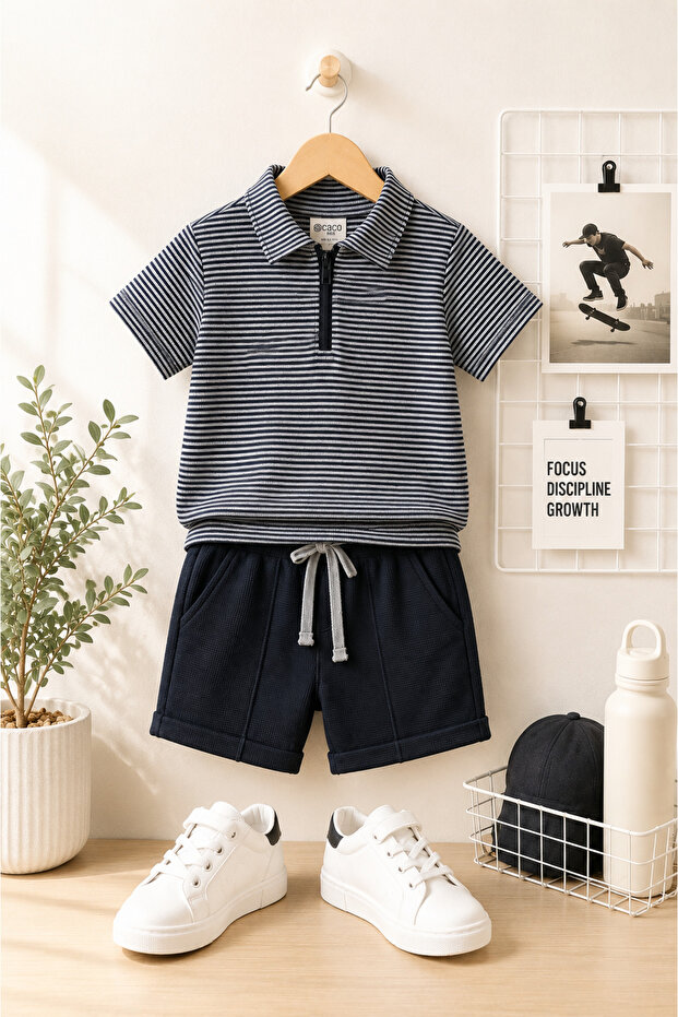 Black Zippered Striped Waffle Fabric Summer Boys' Set