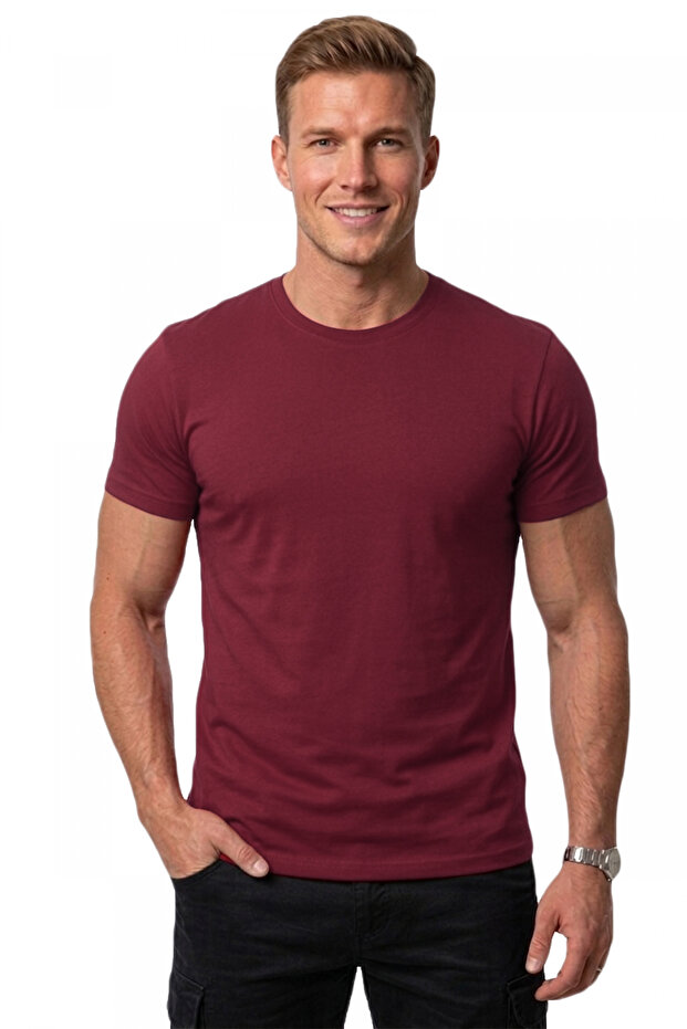 Claret Red Men/Unisex Slim Fit Slim Fit Crew Neck Cotton Lycra Basic T-Shirt 1801131
