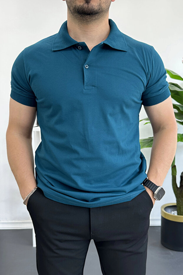 Men's Slim Fit Solid Color Cotton Soft Polo T-Shirt Blue Edw365