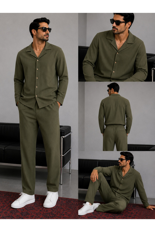 Men's Sahra Fabric Striped Pants Shirt Bottom Top Set