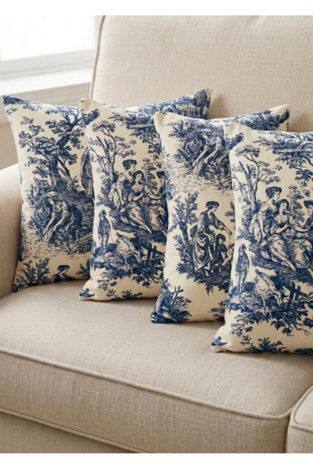 Ecru Blue English French Peasants Rustic Modern Decorative 4-Piece Pillow Cushion Cover Set