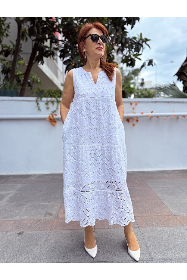 Rochie lungă brodată, căptușită, albă KolBerli - 2