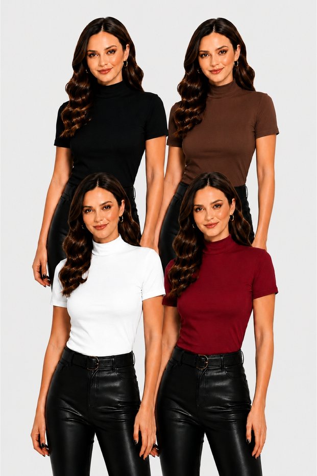 Women's 4-Piece Half Turtleneck Badi Short Sleeve Lycra Basic Bodysuit