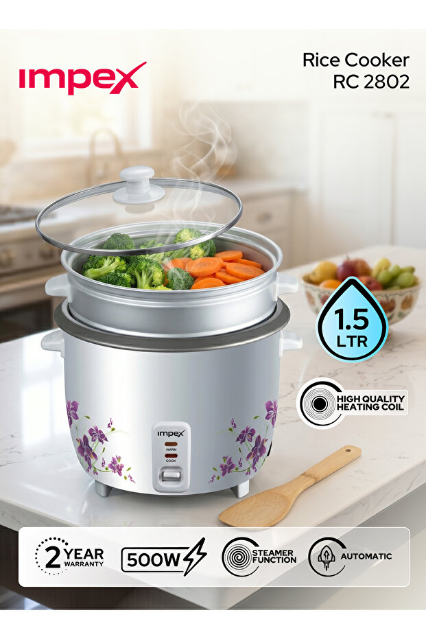 RC 2802 1.5L 500W Rice Cooker Automatic Keep Warm Glass Lid Steamer Aluminium Pot Handle