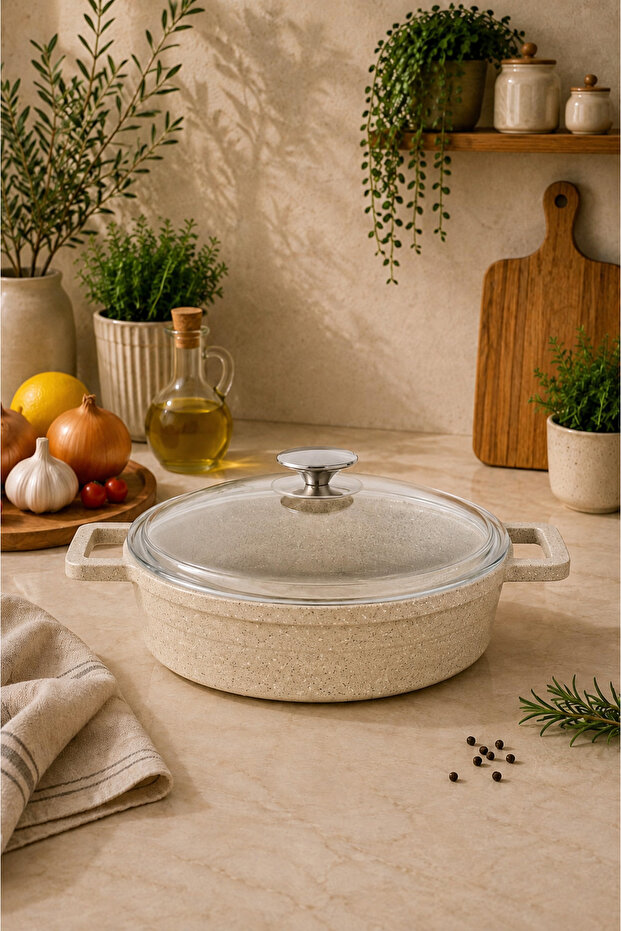 Elexsus 26 cm Cast Granite Flat Pot Non-Stick with Cappuccino Glass Lid