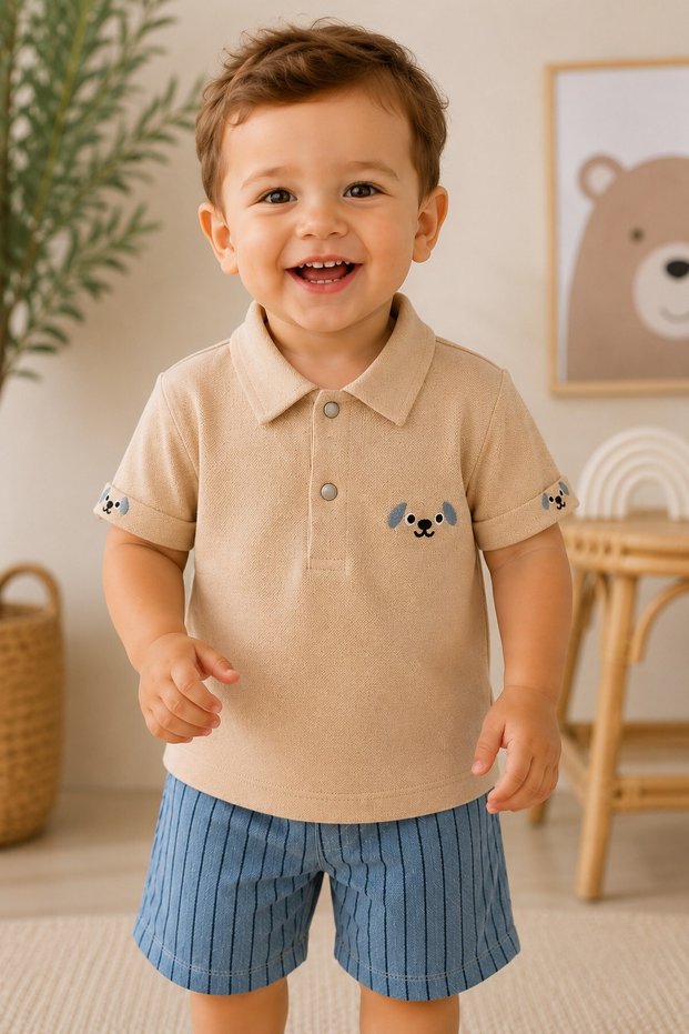 Baby boy polo collar dog embroidered shorts 2-piece summer top and bottom set 6-24 months