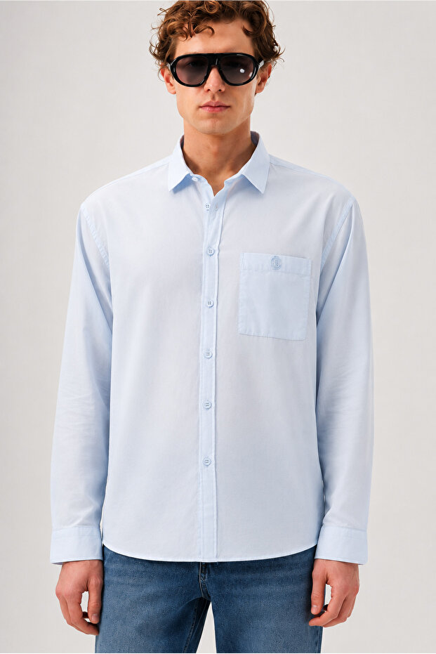 Men's Relaxed Fit Draped Regular Fit Blue Voile Shirt