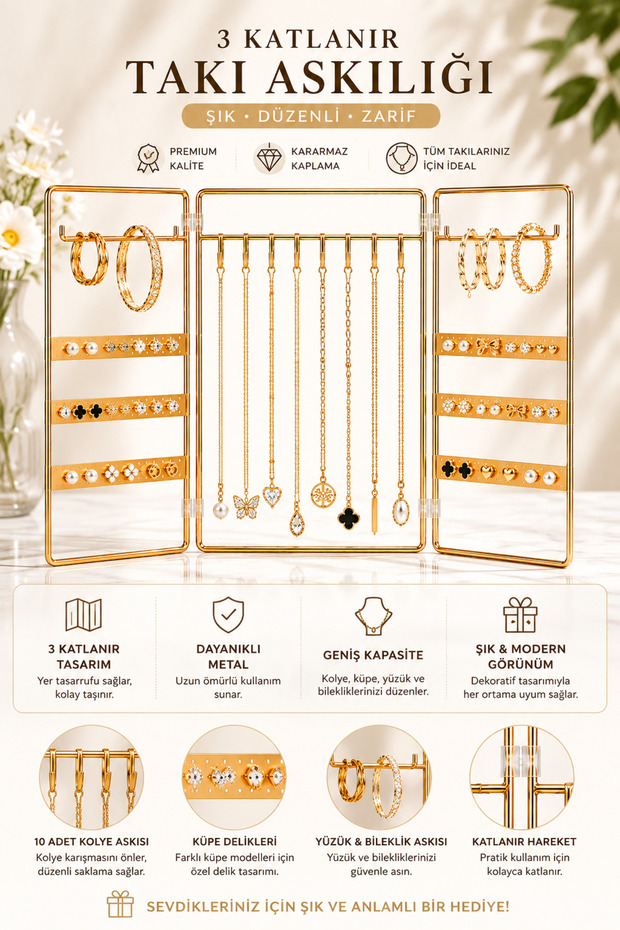 Foldable Metal Jewelry Organizer with 3 Panels Gold Earring Holder Necklace Hanger Bracelet and Ring Organizer
