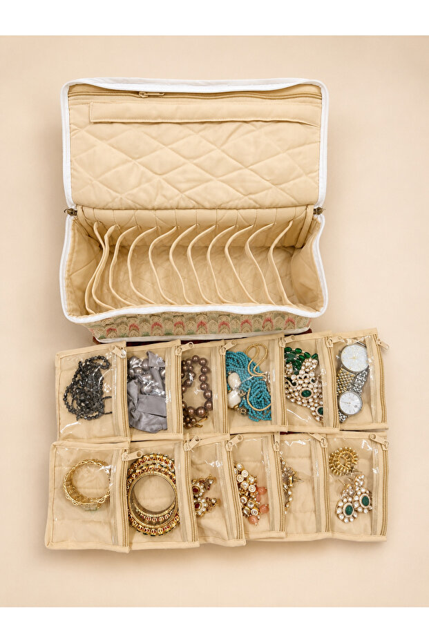 Fabric Accessory And Jewellery Case Organizer With 12 Small pouches (Purple Sequence)