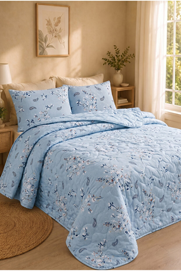 غطاء سرير مزدوج مقاس 200×220 سم، مبطن بنقش زهور البايك، طقم غطاء سرير ناعم