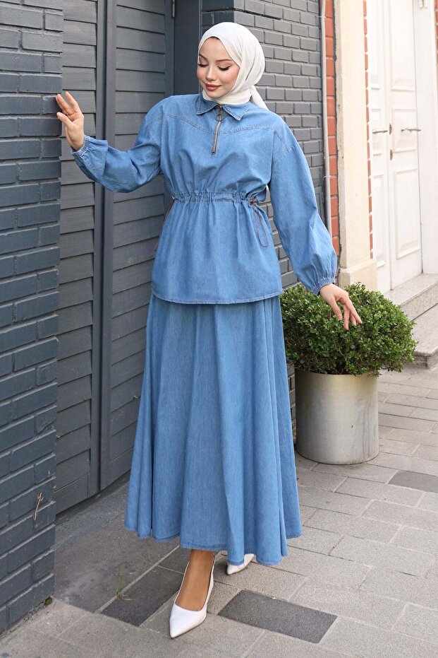 Beli Lace Detailed Skirted Denim Suit Light Blue Msv19198