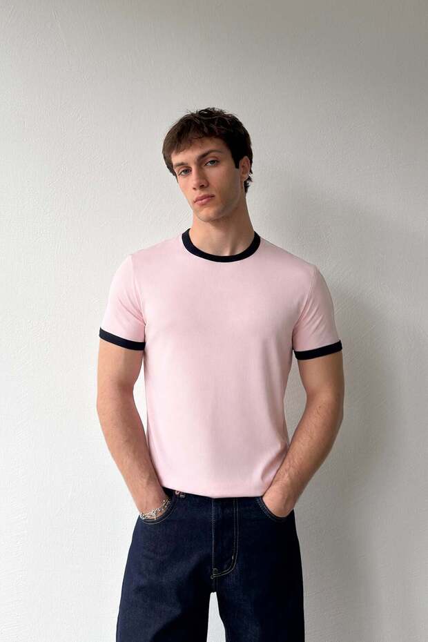 Collared Ribbed Basic T-Shirt - 1