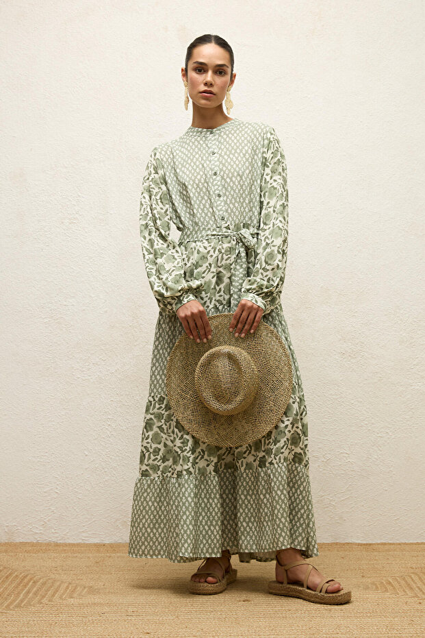Patterned Layered Viscose Dress GREEN SIMONE