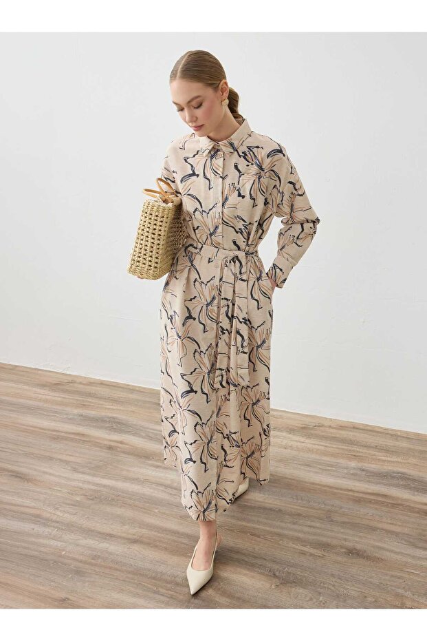 Linen Printed Front Buttoned Belted Hijab Dress - Patterned -