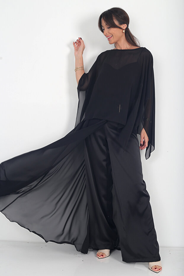 Women's Special Design Triple Set with Chiffon Cape and Gold Accessories