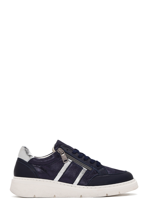 Women's Navy Blue Lace-Up Thick Soled Leather Casual Shoes 25Sfd371814