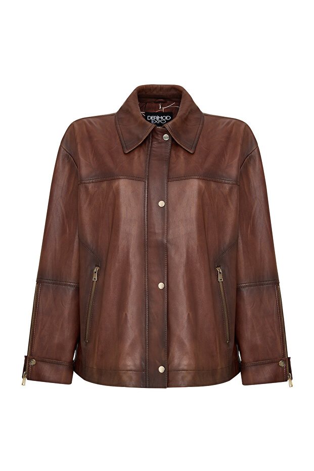 Britney Women's Brown Shirt Collar Oversized Leather Coat 25Wge5629Nc