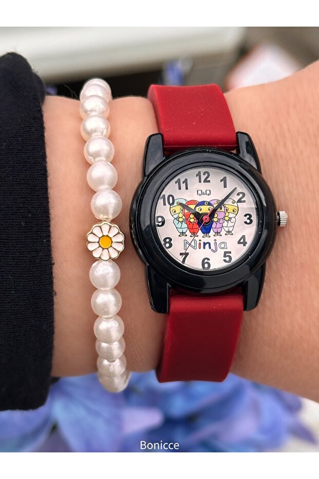 Sun-Proof, Red Silicone Strap, Small Case Ninja Model, Children's Digital Wristwatch+Bracelet