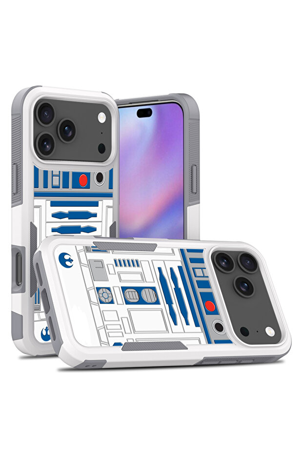 جراب جديد لهاتف آيفون 17 برو ماكس R2D2، متوافق مع آيفون 16E و 17 آير برو ماكس، بطبعة روبوت R2D2، مزدوج الطبقات ومقاوم للصدمات