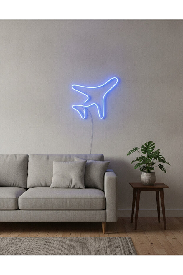 Uçak Figürlü LED Neon Duvar Tablosu | Mavi Aydınlatmalı Modern Dekor | Çocuk Genç Odası - 2