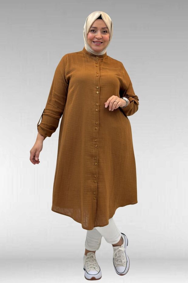 58092 Plus Size Double Button Detailed Muslin Shirt - Brown