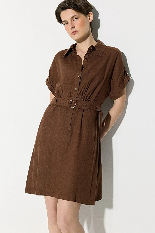 Short Sleeve Belted Linen Dress - Brown
