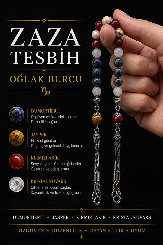 Capricorn Zaza Rosary Natural Stone Dumortierite, Jasper, Red Agate, Crystal Quartz