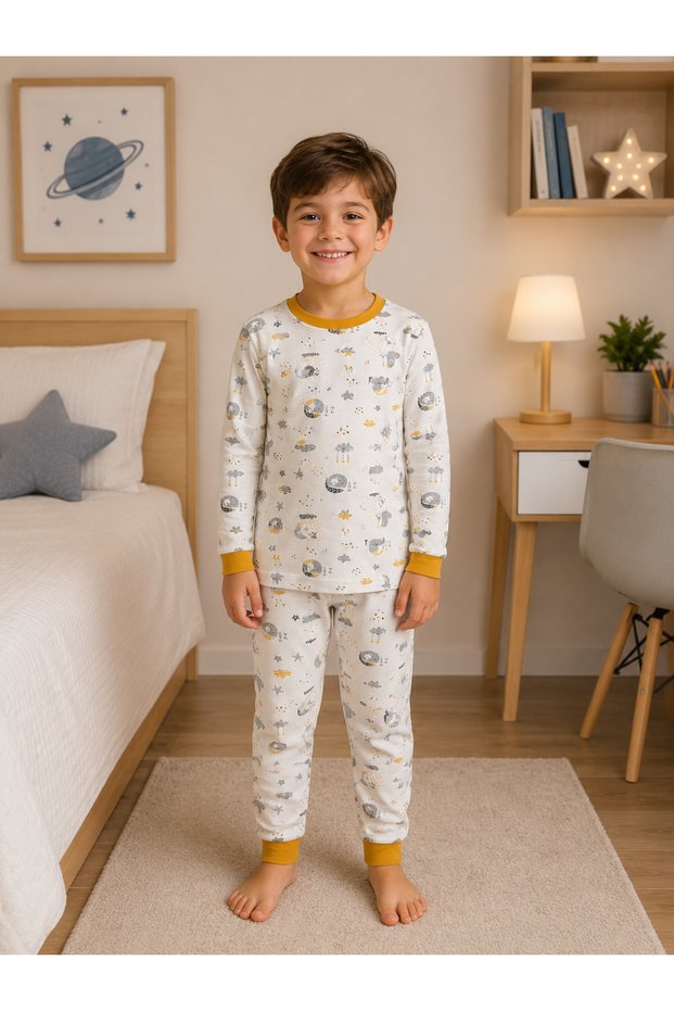 Boy's 100% Cotton White Mustard Color Moon Star Night Themed Long Sleeve Sleep Pajamas Set