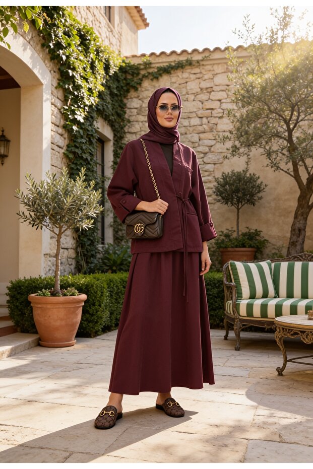 طقم تنورة بتصميم جاكيت كبير الحجم، مزيج يومي وخاص باللون الأحمر الداكن