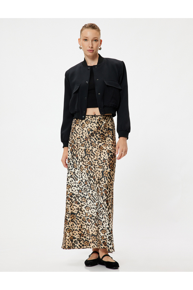 Long Satin Leopard Skirt Standard Waist
