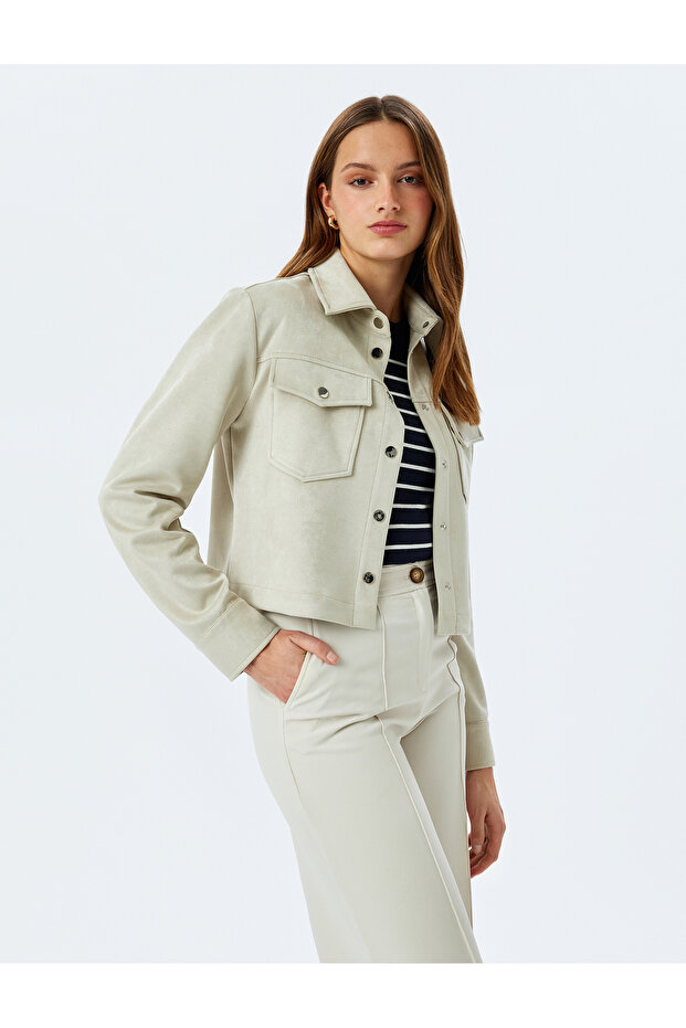 Capped Pocket Detailed Buttoned Faux Suede Crop Women's Jacket