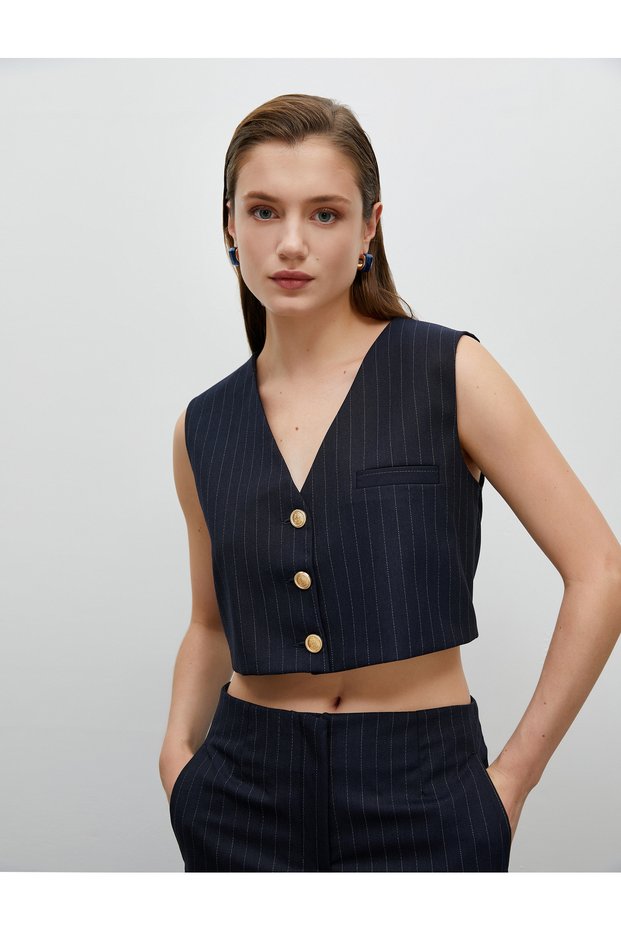 Crop Vest Gold Buttoned V-Neck Pocket Detailed