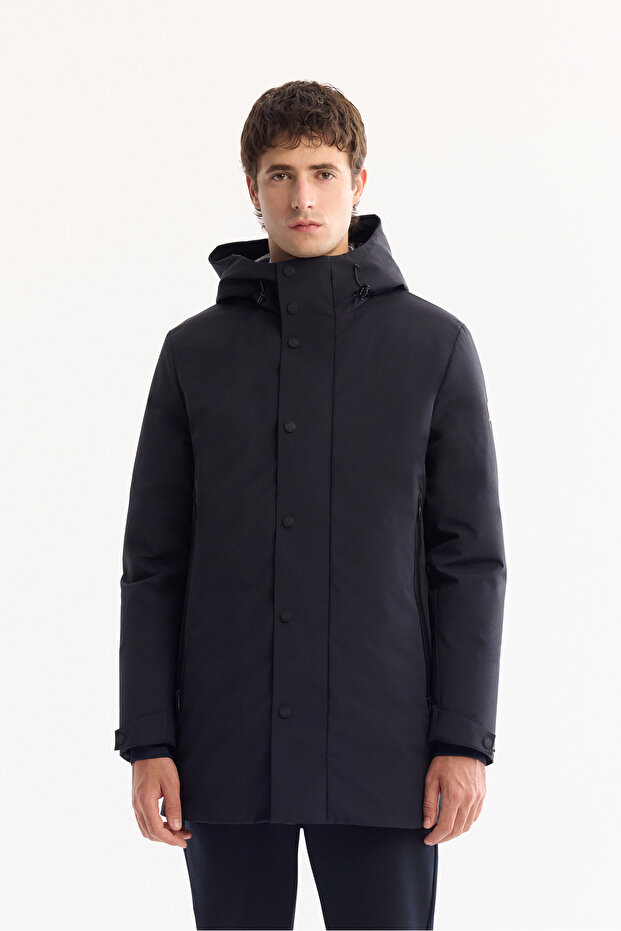 Men's Navy Blue Hooded Water Repellent Windproof -7 ° C Durable Regular Fit Coat A52Y6126