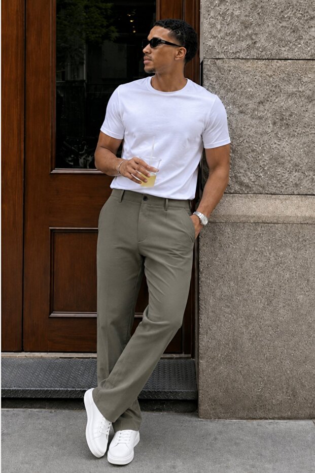 Khaki Regular Fit Straight Cut Side Pocket Men's Trousers 6540