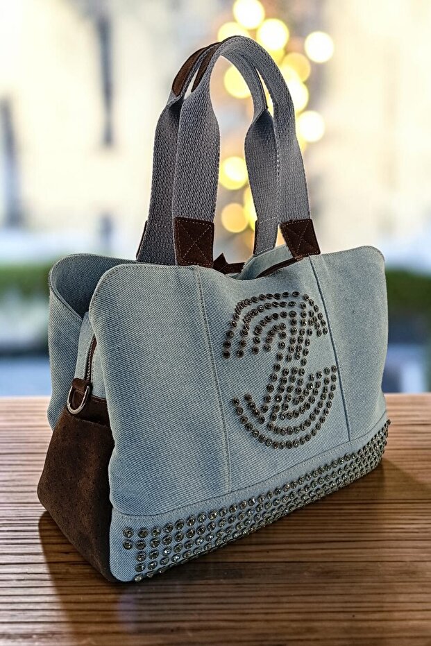 Women's Design Casual Stoned Multi-Compartment Postman Shoulder Genuine Leather Denim Bag