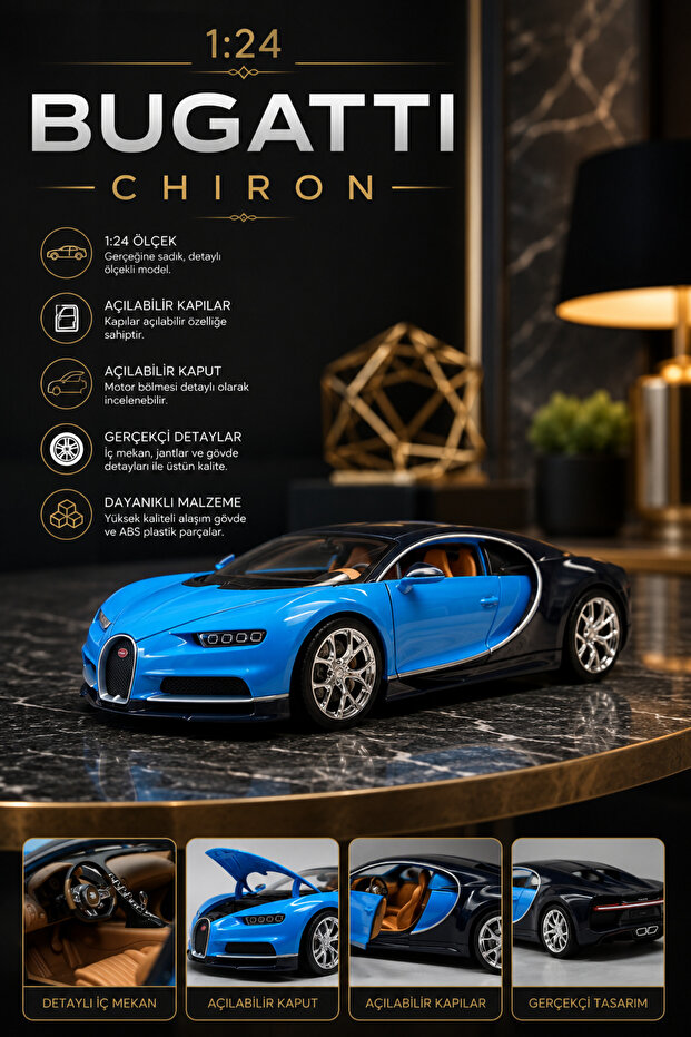 1:24 Chiron Blue Metal Model Car Diecast Openable Door