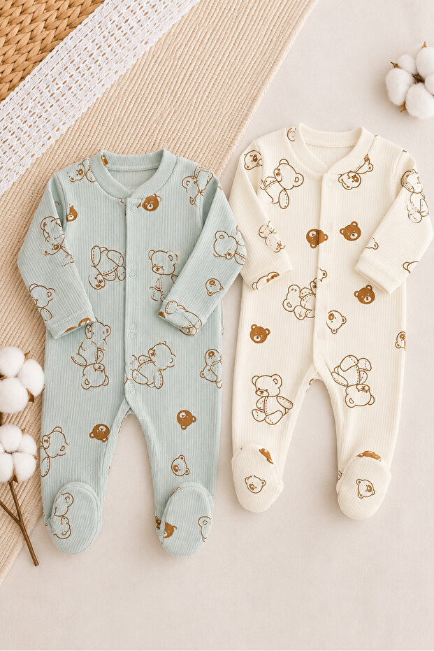 Baby Boy Teddy Bear Patterned 2-Piece Jumpsuit Set Newborn Outfit