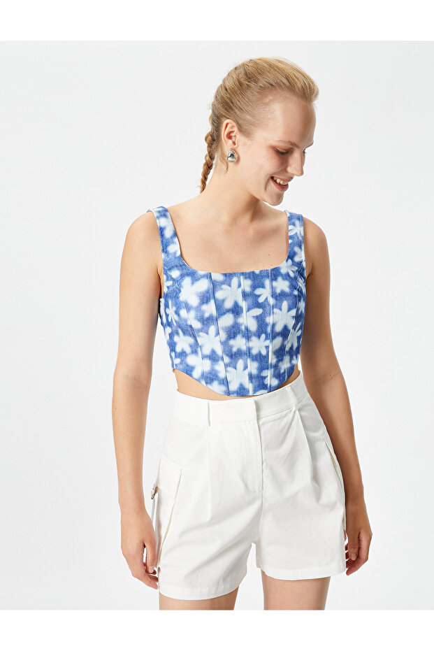 Corset Bustier Crop Strap Floral Square Neck