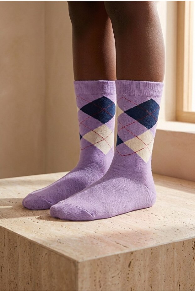 Children's Plaid Patterned Socks Lilac