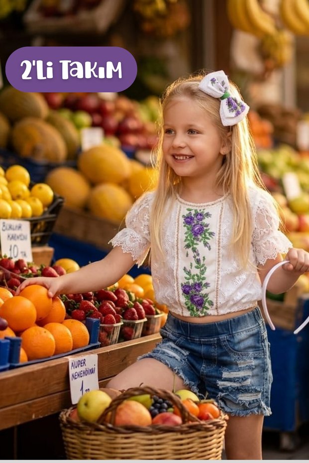 Girl's cross-stitch print lace blouse and denim shorts 2-piece set